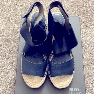 Eileen Fisher dark mulberry (blue) leather 3” wedge sandals. 8.5